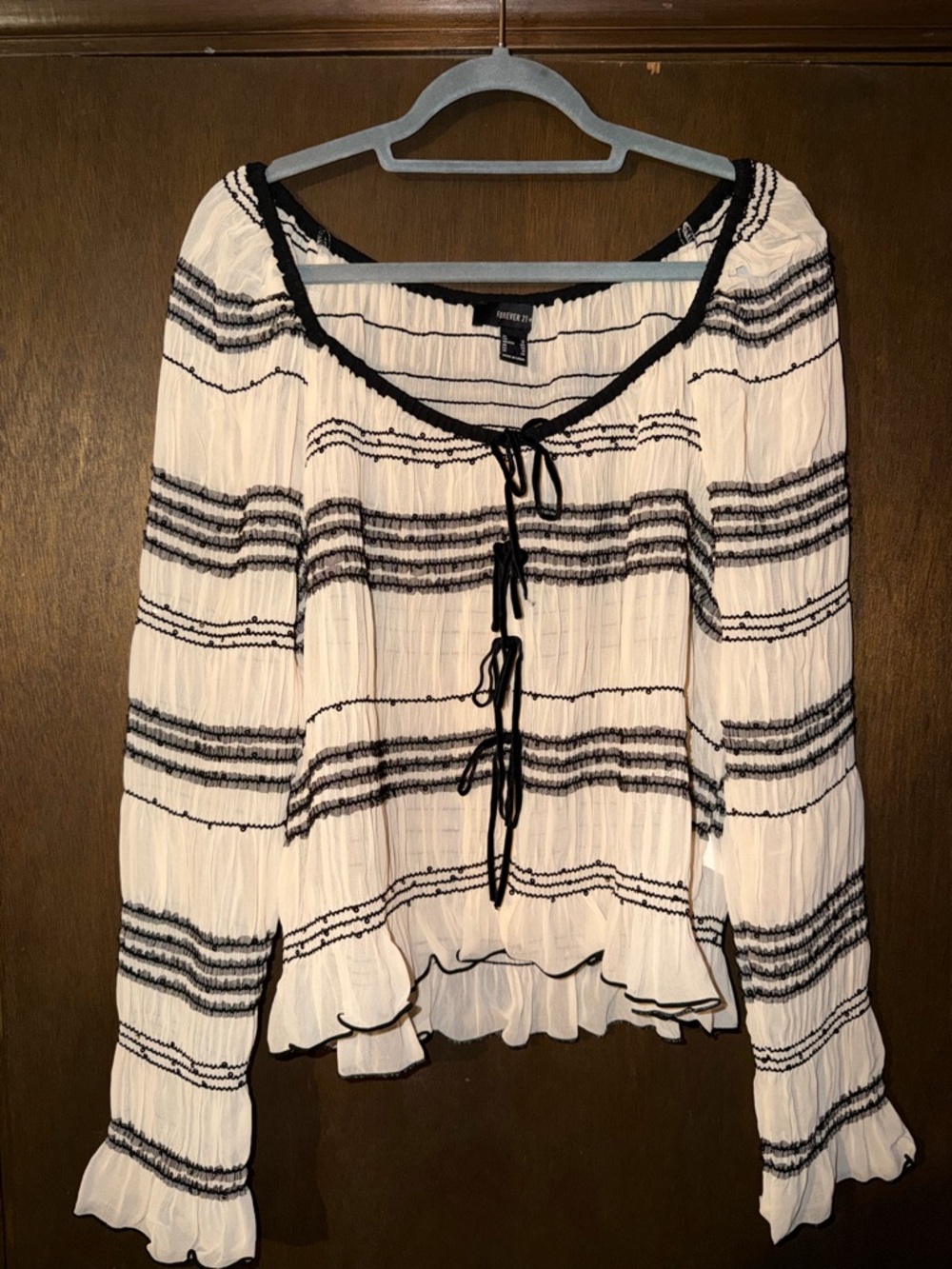 Forever 21 Black and Cream Striped Tie-Front Peasant Blouse